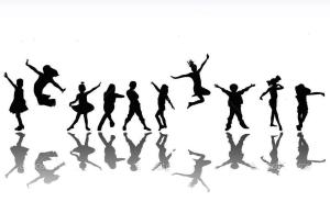 Happy kids, hand drawn silhouettes of children dancing and playing